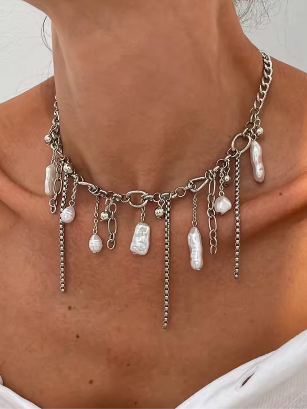 Target Silver Chain Necklace with White Pearl Charms